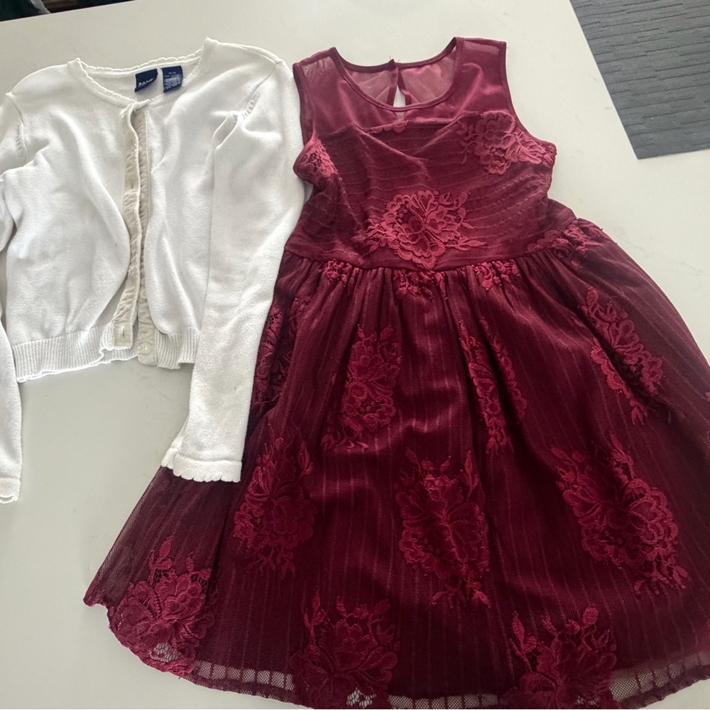 Burgundy Lace Dress with White Cardigan